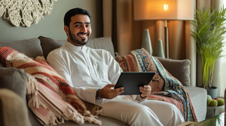 Young arab man enjoying leisure time while using a tablet in a cozy living room settingの素材