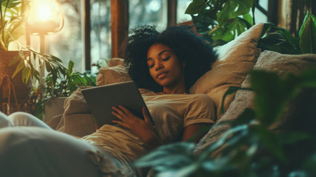 Young black woman relaxing on a cozy couch surrounded by plants while reading an e-bookの素材