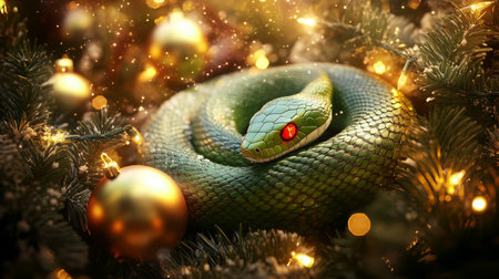 Green snake resting among Christmas ornaments and lights in festive holiday settingの素材