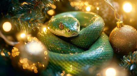 A vibrant green snake curled among festive decorations and lights in a cozy settingの素材