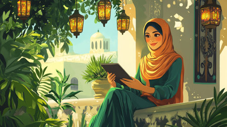 A woman in hijab enjoys reading book in lush garden with hanging lanterns during daylightの素材