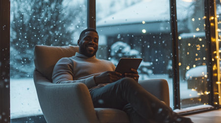 Relaxing winter evening indoors with a warm drink while it snows outsideの素材