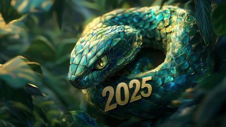 A green snake with yellow eyes is coiled around the number 2025の素材