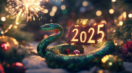 A green snake with red eyes is coiled around a wooden sign with the year 2025 illuminatedの素材
