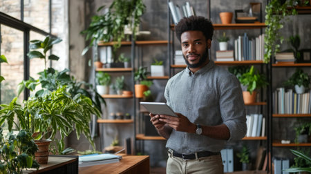 A young man studies plant care in a stylish indoor garden filled with greenery and booksの素材