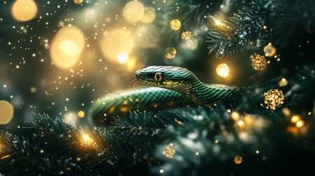 A vibrant green snake resting among festive holiday lights and decorations in cozy settingの素材