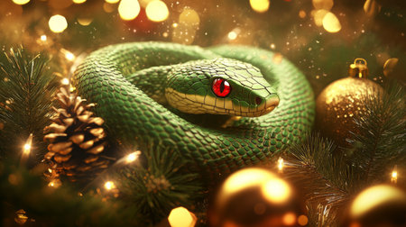 A green snake rests among Christmas ornaments and pine branchesの素材