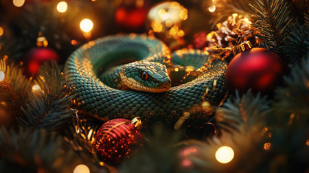 A green snake curled up among Christmas decorations on a winter evening glowの素材