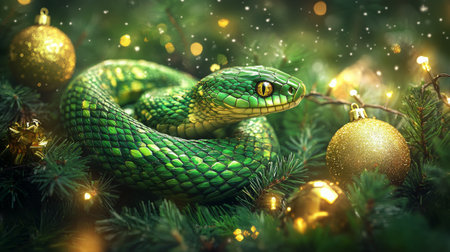 A green snake resting among Christmas decorations in a cozy, festive setting during winterの素材