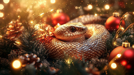 A serpent nestled among holiday decorations and sparkling lights during the festive seasonの素材