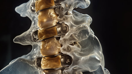 Close-up of a spine model with metal vertebrae in a clinical environmentの素材