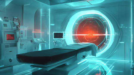 Futuristic medical room with advanced scanning technology and illuminated environmentの素材
