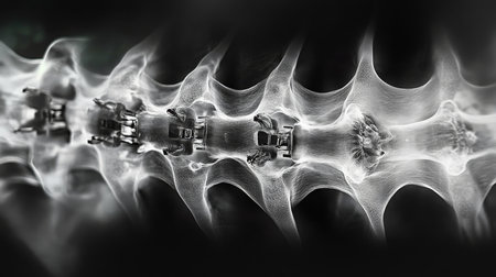 Anatomical representation of spine with mechanical components blending in a surreal styleの素材