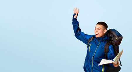 Emotional backpacker with map found a place