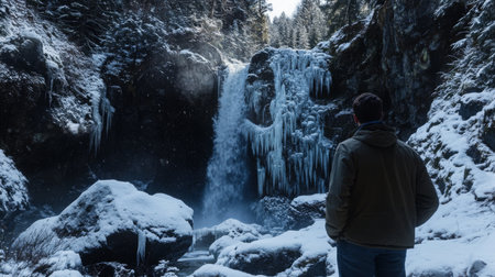 Man gazing at a frozen waterfall in a snowy forest during winterの素材