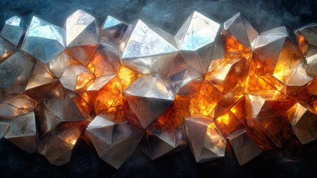 Abstract formation of metallic crystals with glowing embers, showcasing a stunning blend of light and texture in a dark environment. Generative AIの素材