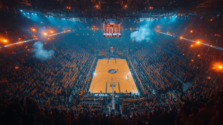 A packed basketball arena during a thrilling playoff game with vibrant lights and an energetic crowd at night. Generative AIの素材