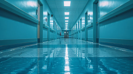 Long Hallway With Blue Walls and Tiled Floorsの素材