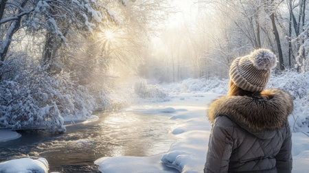 A serene winter morning by the frozen river under a bright sun in a snowy landscapeの素材
