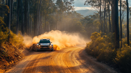 A rally car speeding on a dirt road amidst vibrant trees during sunset in a remote forested area. Generative AIの素材