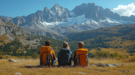 Three hikers relax in the mountains admiring jagged peaks and a glacier under a bright blue sky during a sunny afternoon. Generative AIの素材