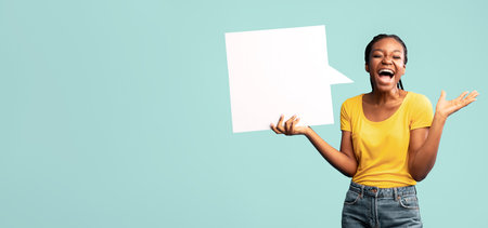 Excited Lady Holding Speech Bubble Shouting Standing On Blue Background