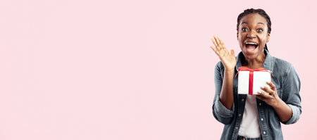 Joyful African Lady Shouting Holding Gift Posing On Pink Background