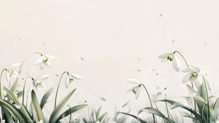 Delicate snowdrop flowers swaying gently in a soft breeze against a light backgroundの素材