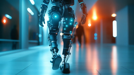 A futuristic robotic exoskeleton walking in a high-tech hallway at duskの素材