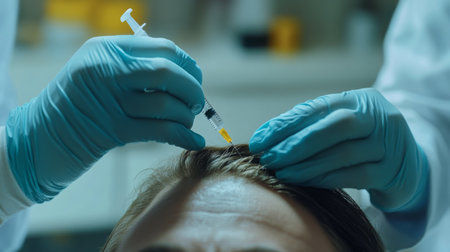 Hair restoration treatment being administered in a clinical setting using a syringeの素材
