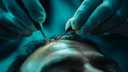 Surgeon performing a detailed hair restoration procedure under clinical lightingの素材