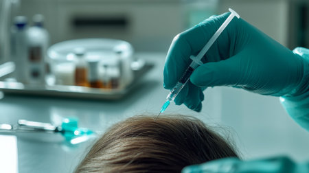 Medical professional administering an injection in a clinic with sterilized equipmentの素材