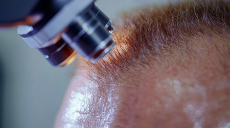 Examining scalp hair follicles under a microscope in a laboratory settingの素材