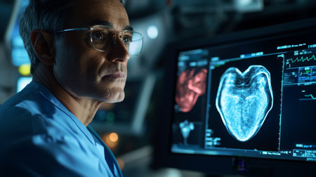 Doctor analyzing heart scan data in a modern medical facility at nightの素材