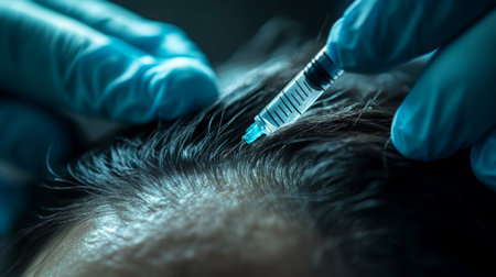Administering hair restoration treatment in clinical setting during an advanced procedureの素材