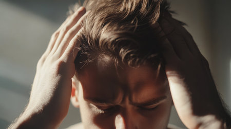 A young man struggles with stress and anxiety while sitting in a softly lit roomの素材