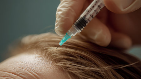 Injecting hair restoration treatment during a clinical procedure in a medical officeの素材