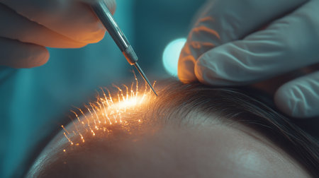 Professional conducts hair restoration procedure using laser technology in clinicの素材