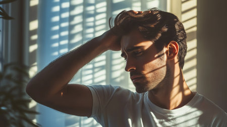 Young man in a white t-shirt reflects thoughtfully under striped sunlight in a cozy roomの素材
