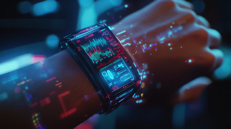 Futuristic wrist device displays vibrant data holograms in high-tech environment at nightの素材