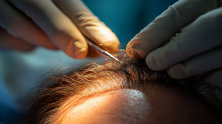 Med professional performing a hair transplant surgery on a patient in a clinicの素材