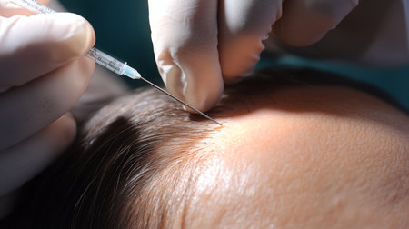A gloved hand injects a needle into a patients scalp during a hair transplant procedureの素材