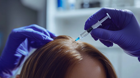 Hair restoration treatment being administered at clinic using a syringe and skilled handsの素材