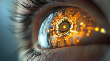 A close-up of a human eye with a futuristic, glowing irisの素材