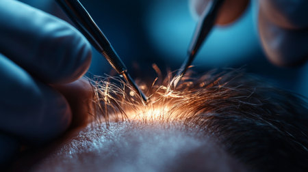 Close-up of hair restoration procedure in clinical setting showcasing detailed techniquesの素材