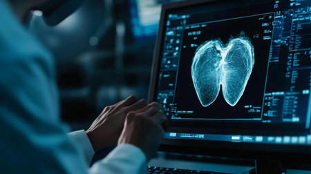A medical professional analyzing a lung scan on a computer screen in a hospital settingの素材
