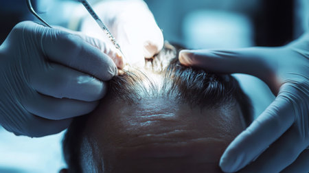 Hair restoration process taking place in a clinical setting during the daytimeの素材