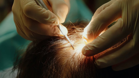 Surgical procedure on patients scalp with precise instruments during medical operationの素材