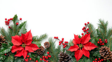 Red poinsettias, pine branches, and holly berries create a festive Christmas borderの素材