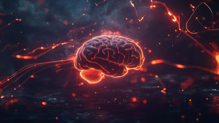 A glowing brain surrounded by light trailsの素材